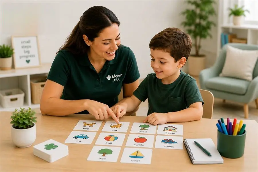Educator teaching a child with picture cards